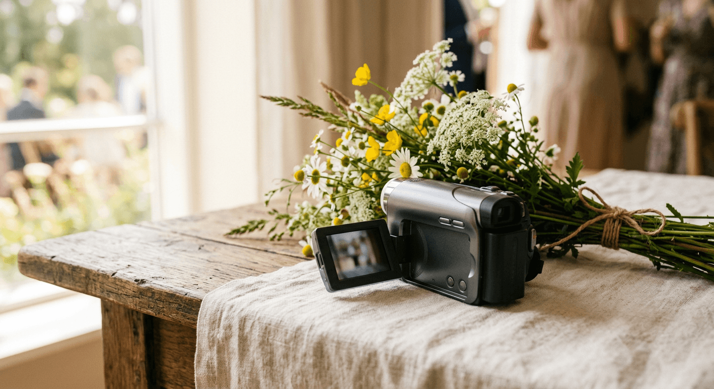 Lite håndholdt videokamera på en lintekke ved siden av noen markblomster.